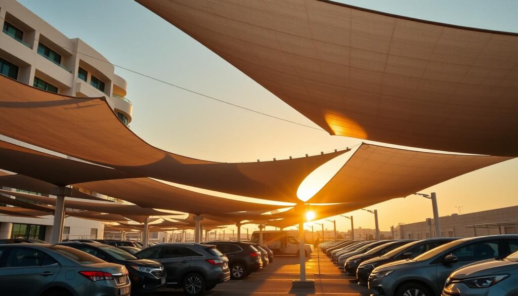 A modern parking lot in a bustling Saudi Arabian city, featuring a series of sleek, tensile fabric shade structures that elegantly cover a row of parked vehicles. The shades cast dynamic shadows across the cars, creating a sense of depth and movement. The scene is bathed in warm, golden sunlight, casting a soft, inviting glow over the whole setting. The structures are designed with clean, minimalist lines, complementing the architectural style of the surrounding buildings. The cars underneath appear protected from the elements, creating a harmonious and functional outdoor space for both drivers and pedestrians.