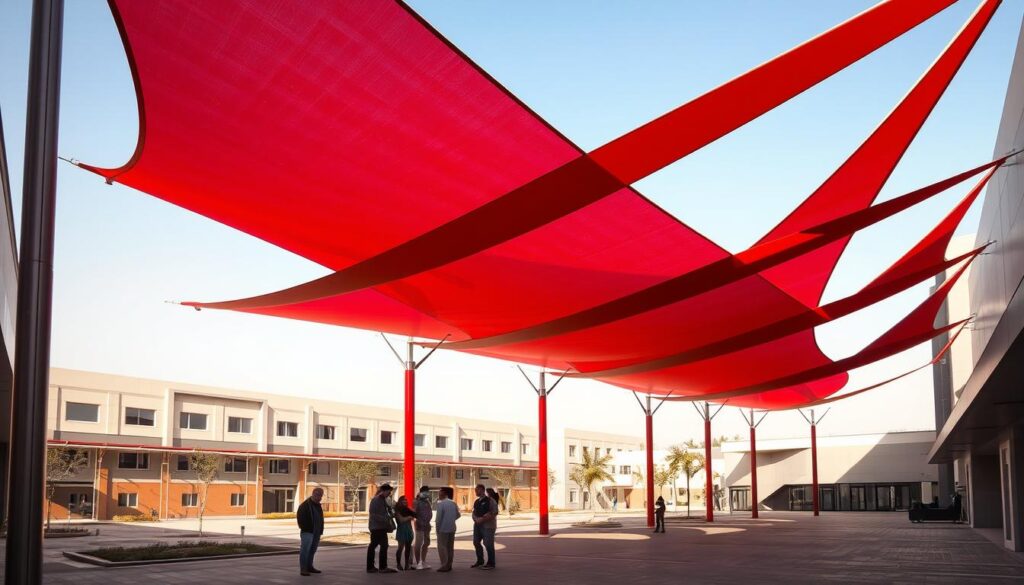 A modern shaded outdoor area in Dammam, 2026. Sleek, angular tensile shade structures in a vibrant red hue stand tall, casting dramatic shadows across the ground. The lighting is natural, with warm sunlight filtering through the translucent fabric canopy. In the foreground, a group of students gather under the shades, engaged in lively discussion. The structures appear durable and well-engineered, blending seamlessly with the contemporary architecture of the school campus. An overall sense of comfort, safety, and functionality pervades the scene, reflecting the high-quality design of the Dammam school shade solutions.