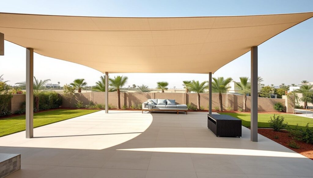 A modern, sleek PVC fabric shade canopy in a contemporary architectural style, casting dynamic shadows across a serene outdoor setting in Dammam, Saudi Arabia. The canopy features a minimalist, geometric design with clean lines and a neutral color palette, complementing the surrounding landscape. Realistic lighting and shadows create depth and dimension, highlighting the canopy's premium quality and durability. The scene conveys a sense of comfort, elegance, and an elevated outdoor experience, reflecting the 2026 offerings for this type of shading solution.