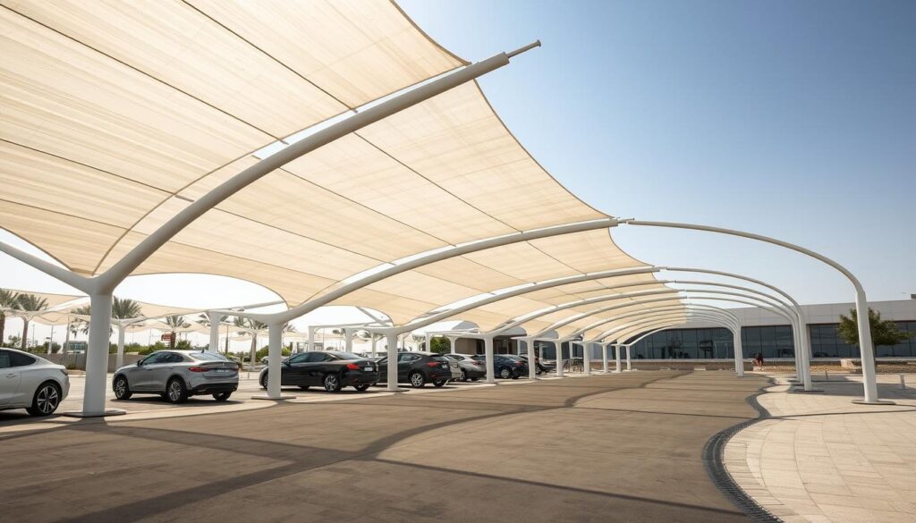 A modern, sleek car parking shade structure in Khobar, Saudi Arabia, with clean lines and a futuristic aesthetic. The tensile canopy is made of translucent, weather-resistant fabric that filters sunlight, creating a perfect balance of shade and natural illumination. The structure's curved silhouette casts dramatic shadows on the ground, adding depth and visual interest. The overall design seamlessly blends functionality and contemporary style, showcasing the latest advancements in sustainable parking solutions for the year 2026.