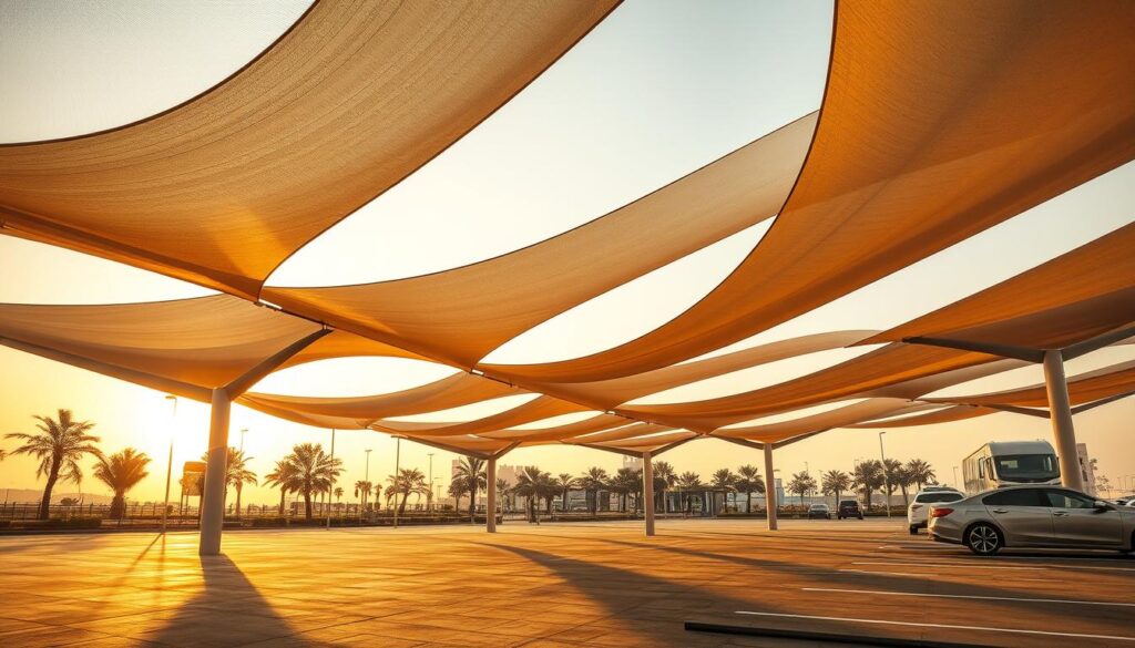 A modern, sleek car shade structure in the Dhahran cityscape of Saudi Arabia. The tensile fabric canopy undulates gracefully, casting intricate shadows on the ground below. Warm, natural lighting filters through the translucent material, creating a serene, inviting atmosphere. The design seamlessly blends form and function, offering both aesthetic appeal and practical shade for parked vehicles. Streamlined support columns and minimalist accents emphasize the contemporary, high-tech aesthetic. The overall impression is one of elegant sophistication, highlighting the progressive, future-focused vision for automotive shading solutions.