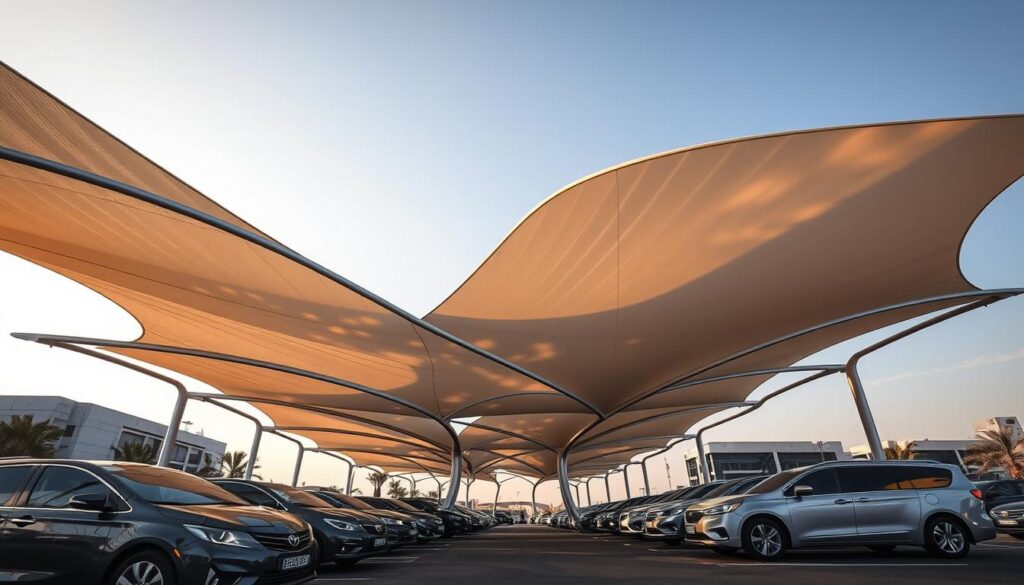 A modern, sleek car shade structure standing tall in the heart of Khobar, Saudi Arabia. Elegant tensile canopies stretch overhead, casting intricate patterns of light and shadow across the polished vehicles below. The complex lattice of steel beams and tensioned fabric create a striking architectural statement, blending seamlessly with the surrounding urban landscape. Warm, directional lighting highlights the curvatures and textures, elevating the practical function into a work of art. The scene exudes an air of sophistication and innovation, reflecting the cutting-edge design and engineering prowess powering the successful shade projects in Khobar.