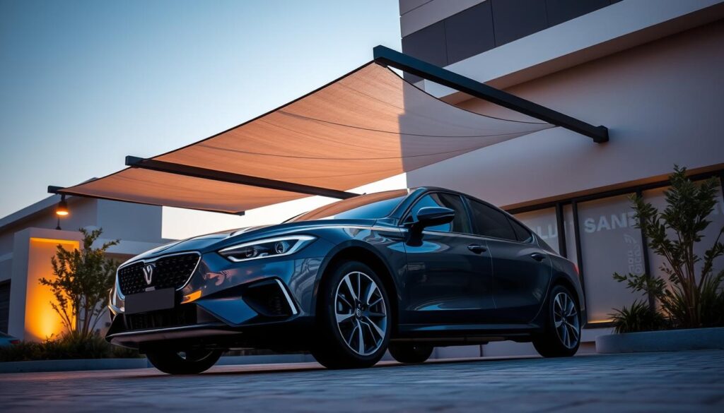 A modern, sleek-looking car parked under a stylish tensile shade structure, with warm, natural lighting casting gentle shadows across the scene. The shade structure features a contemporary, minimalist design with clean lines and a contrasting color palette that complements the vehicle. The overall atmosphere conveys a sense of sophistication and inviting ambiance, suitable for a high-end residential or commercial entrance in Dammam, Saudi Arabia.