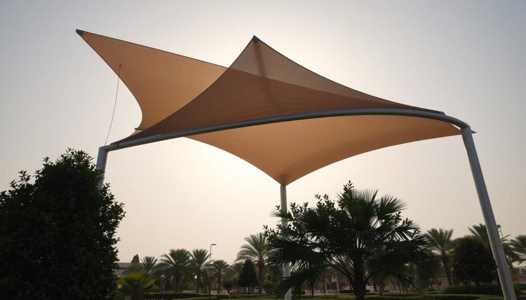 A modern, sleek tensile shade structure stands tall, casting a soothing shadow over a lush, well-manicured garden in Dammam, Saudi Arabia. The structure's smooth, flowing curves and high-tensile cables create an elegant, futuristic silhouette against the bright, sunlit sky. Strategically placed lighting fixtures illuminate the scene, casting warm, diffused illumination that highlights the intricate details of the canopy's fabric and the surrounding foliage. The overall scene exudes a sense of serene tranquility, perfectly capturing the essence of the "مميزات المظلات في الدمام لعام 2026" section of the article.
