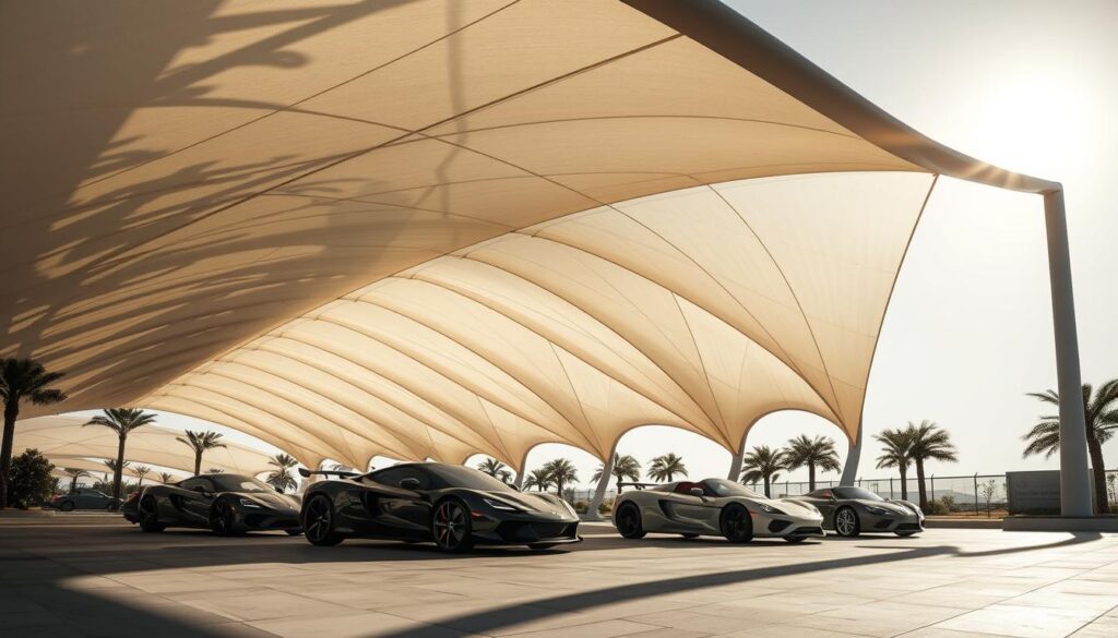 A modern, sleek tensile shade structure with a curved, flowing design sits in a sunny Saudi Arabian setting. Dramatic shadows and highlights create a sense of depth, showcasing the dynamic, sculptural form. The structure's translucent fabric panels filter the sunlight, casting intricate patterns on the ground below. Luxurious sports cars are parked nearby, their glossy surfaces reflecting the shade structure's elegant silhouette. The scene conveys a vision of future automotive infrastructure that seamlessly blends functionality, technology, and aesthetic harmony.