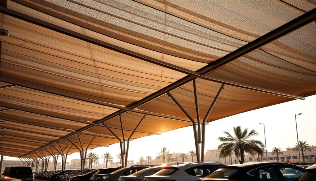 A modern tensile shade structure stands tall, casting a gentle shadow over a row of parked cars in the bustling city of Al-Qatif, Saudi Arabia. The sleek, contemporary design features intersecting metal frames that support a translucent fabric canopy, filtering the sunlight and creating a comfortable, shaded environment. The scene is bathed in warm, natural lighting, with subtle shadows accentuating the contours of the cars and the structure. The overall atmosphere conveys a sense of functionality, practicality, and aesthetic harmony, reflecting the city's progressive approach to urban design and the needs of its residents.
