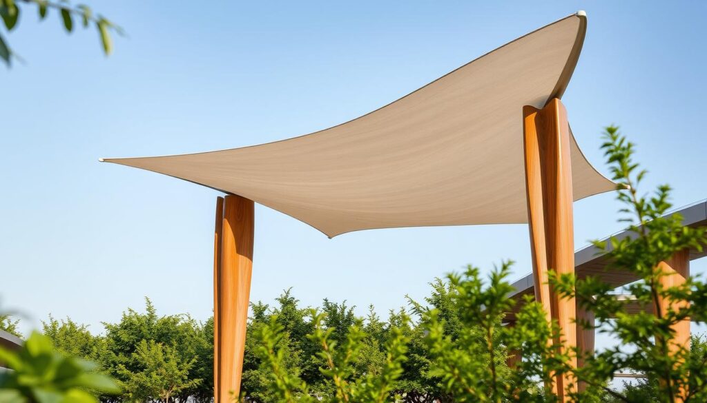A modern tensile shade structure stands tall, its sleek design and minimalist lines blending seamlessly with the natural surroundings. The fabric canopy undulates gracefully, casting intricate patterns of light and shadow across the ground below. The structure's supporting columns, sculpted from warm wood, lend an organic elegance, complementing the lush greenery that frames the scene. Realistic lighting accentuates the interplay of materials, creating a harmonious and inviting atmosphere. The overall composition conveys a sense of timeless sophistication, reflecting the integration of nature and modernity in the design of contemporary shade solutions for the city of Dammam.