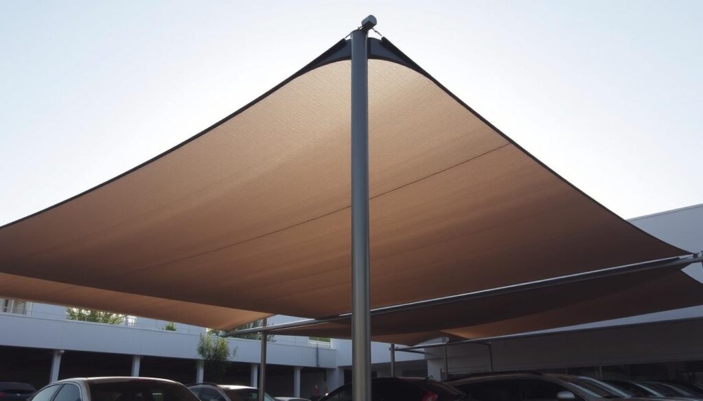 A modern tensile shade structure with a sleek, minimalist design, casting dramatic shadows across the scene. The shade is suspended from sturdy steel supports, creating an open, airy feel. The material appears to be a durable, weather-resistant fabric in a muted, neutral tone that complements the surrounding environment. The lighting is natural, with warm, directional sunlight illuminating the structure and its surroundings. The overall composition showcases the elegant engineering and architectural elements of the shade, highlighting its functionality and aesthetic appeal in the context of a car parking area.