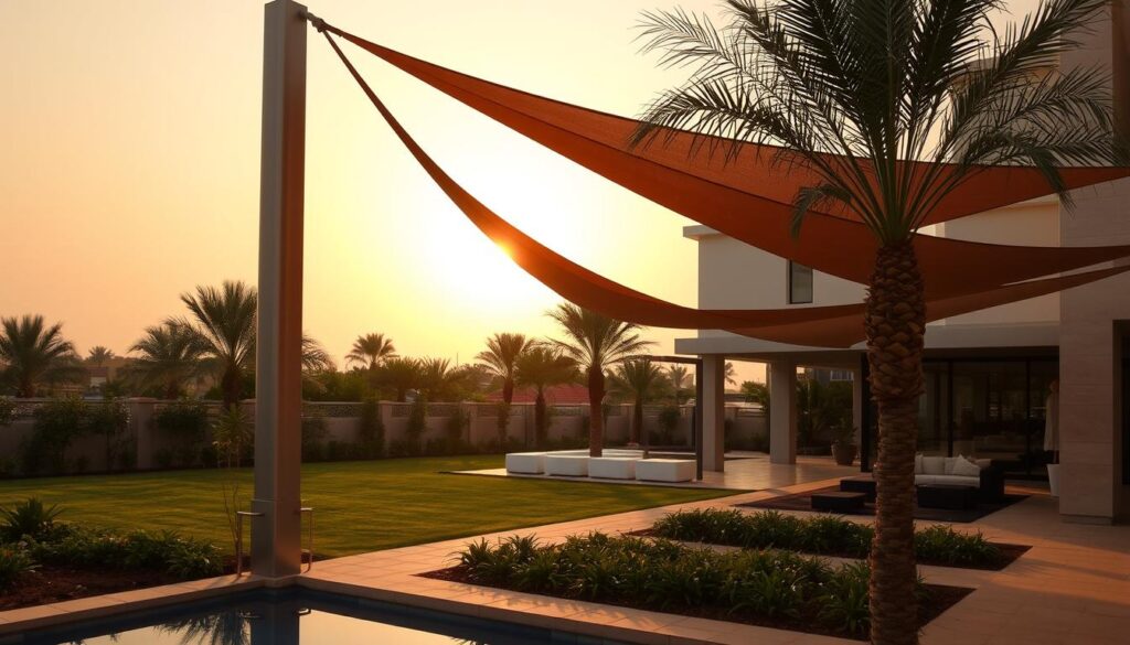 A modern tensile shade structure with a sleek, minimalist design stands prominently in the foreground. The structure's high-quality materials and precise engineering are evident, reflecting a commitment to quality and durability. The middle ground features well-manicured landscaping, including lush greenery and neatly arranged seating areas, creating a serene and inviting atmosphere. In the background, the warm glow of the Saudi Arabian sun bathes the scene in a soft, golden light, casting subtle shadows and enhancing the overall sense of refinement and luxury. The image conveys a harmonious blend of functionality, aesthetics, and attention to detail, perfectly capturing the essence of quality assurance in Dammam's villa shades.