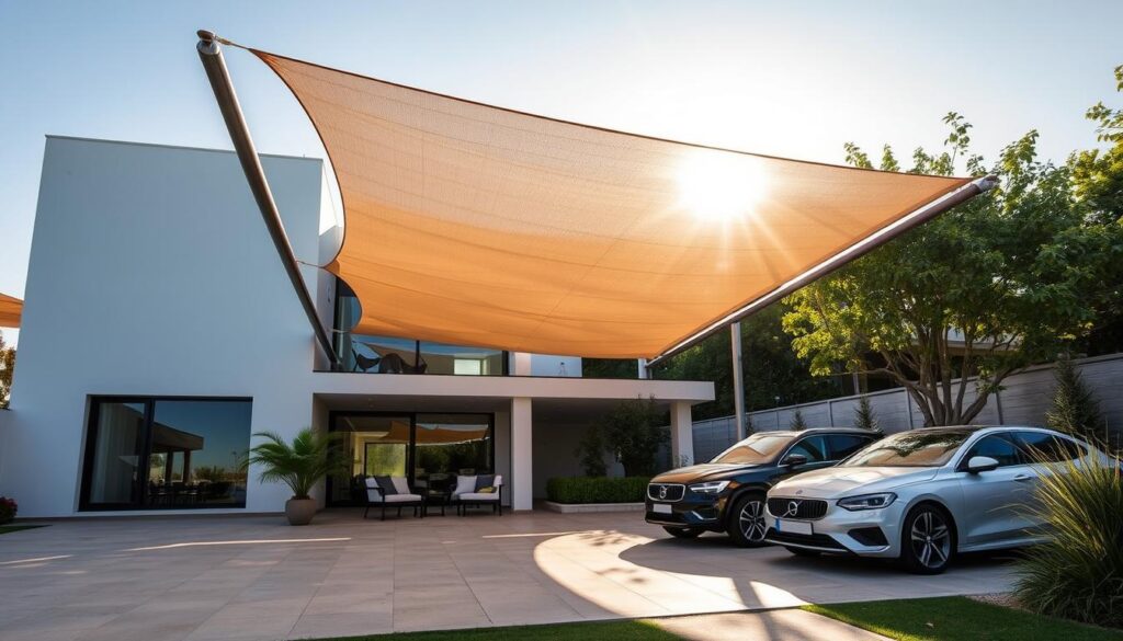A modern villa exterior with a well-designed tensile shade structure providing ample shade and privacy. The structure features clean lines, a minimalist aesthetic, and robust materials like steel and fabric that complement the villa's architecture. Warm sunlight filters through the shade, casting intricate patterns on the ground and creating a serene, inviting ambiance. The scene is populated with neatly parked cars, lush greenery, and a visually appealing overall composition that showcases the perfect balance between functionality and aesthetic appeal.