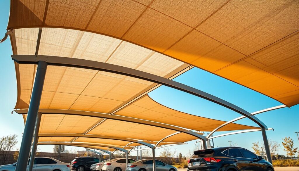 A modern, well-constructed car-park shade structure in a sleek, minimalist design. The curved steel beams and tensile fabric panels create an elegant, high-quality appearance. Warm, natural lighting bathes the scene, casting soft shadows that emphasize the structure's lines and materials. The attention to detail and premium finish convey a sense of quality and durability, reflecting the high standards of the product and services. The shaded area provides a comfortable, protected space, hinting at the reliable after-sales support promised.
