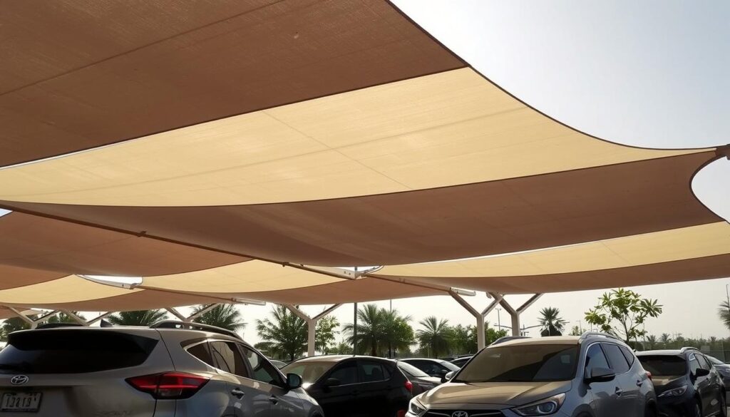 A modern, well-crafted car shade structure in a contemporary design, showcasing clean lines and sleek curves. The tensile fabric creates a harmonious interplay of light and shadow, casting a gentle, diffused illumination over the vehicles below. The shades are positioned at an optimal angle to provide ample coverage and comfort, with a sturdy, corrosion-resistant frame that blends seamlessly into the surrounding environment. The overall scene conveys a sense of sophistication and functionality, perfectly suited for the vibrant city of Jubail in Saudi Arabia.