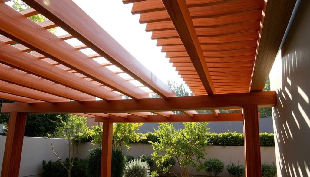 A modern wooden pergola structure with elegant curved beams and slats, casting intricate patterns of light and shadow across a well-manicured garden. The design seamlessly blends natural materials with sleek, contemporary styling, creating a harmonious outdoor oasis. Soft, diffused sunlight filters through the slatted roof, illuminating the lush greenery and adding a warm, inviting ambiance. The structure's clean lines and organic forms complement the surrounding landscape, showcasing the perfect balance between nature and modern design.