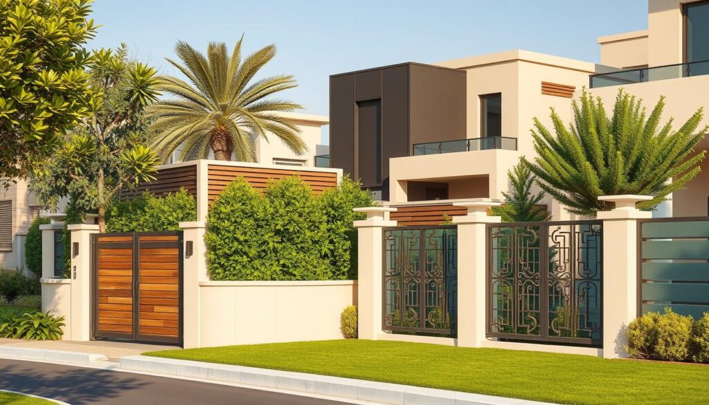 A photorealistic image showcasing a range of modern and elegant privacy fences and wall screens for homes and villas in Dammam, Saudi Arabia in the year 2026. The scene features a variety of high-quality, customizable privacy solutions made from durable materials like wood, metal, and tempered glass. The fences and screens are integrated seamlessly into a lush, well-manicured landscape, creating a sense of privacy and security while maintaining an aesthetically pleasing appearance. The lighting is natural and warm, highlighting the intricate designs and textures of the structures. The overall atmosphere conveys a feeling of comfort, protection, and sophistication.