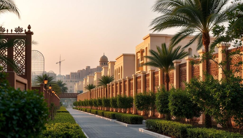 A serene and harmonious cityscape of Dammam, Saudi Arabia. Elegant privacy screens and protective fences line the streets, crafted with intricate patterns and warm hues that blend seamlessly with the architectural landscape. Lush foliage and manicured gardens frame the tranquil scene, creating a sense of seclusion and exclusivity. Soft, diffused lighting casts a warm glow, highlighting the ornate details and inviting a feeling of comfort and security. The scene conveys a balance of modern functionality and timeless aesthetic, reflecting the integration of practical solutions with refined design in the projects of "Sawatir Al Dammam".