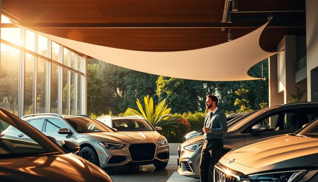 A serene car showroom with elegant wooden awnings, bathed in warm, golden light streaming through large windows. The sleek vehicles are expertly displayed, showcasing their quality and craftsmanship. In the foreground, a sales representative confidently gestures, highlighting the outstanding after-sales service and warranty coverage. The middle ground features a tastefully designed tensile shade structure, its flowing curves mirroring the dynamic lines of the cars. Lush greenery in the background creates a harmonious blend of nature and modern design, reflecting the article's theme of integrating tradition and innovation.