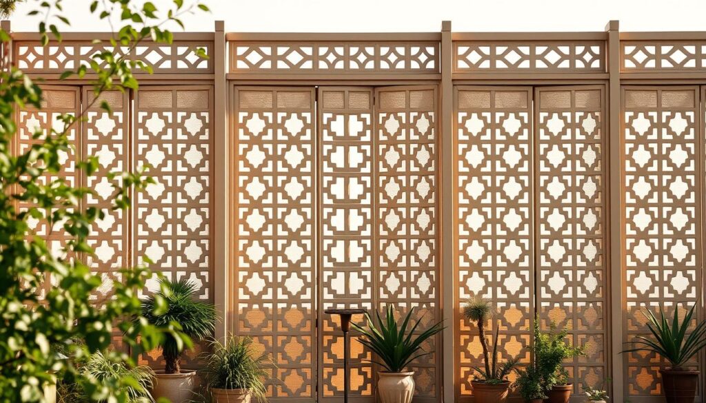 A serene, elegant privacy screen in warm beige tones, featuring intricate geometric patterns that cast delicate shadows. The structure stands tall, creating a sense of safety and seclusion, while allowing natural light to filter through. In the foreground, lush greenery and potted plants accentuate the tranquil ambiance, inviting a peaceful respite from the outside world. The middle ground showcases the screen's sturdy construction, with a focus on the craftsmanship and attention to detail. In the background, a soft, hazy sky sets the mood, conveying a sense of calm and harmony.