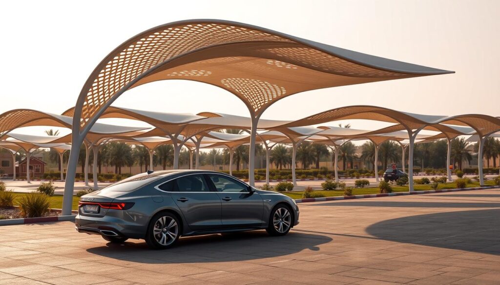 A serene outdoor scene showcasing the latest car shade designs in Dammam, Saudi Arabia. In the foreground, a sleek, modern car is parked under a striking tensile structure, its curved lines and intricate patterns casting dynamic shadows on the vehicle. The middle ground features an array of similar shade structures, each showcasing a unique architectural style and color palette, creating a visually harmonious display. The background is filled with a softly-lit, naturalistic setting, emphasizing the harmonious integration of the structures with the surrounding environment. The lighting is warm and diffused, accentuating the depth and dimensionality of the scene, while the shadows add a sense of depth and drama. The overall atmosphere is one of sophistication, comfort, and the perfect balance between form and function.