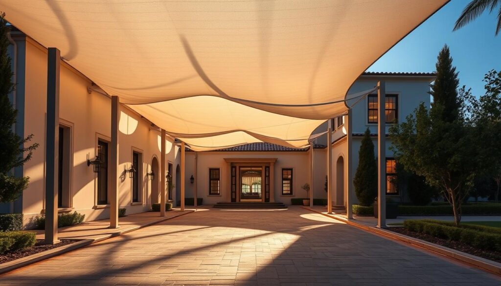 A serene villa entrance showcases elegant tensile shade structures, casting warm light and intricate shadows over the paved driveway. Slender columns support the graceful, undulating fabric canopy, creating an inviting, architectural focal point. The scene exudes an air of refined sophistication, perfectly complementing the stately villa facade. The carefully composed lighting and perspective highlight the sculptural qualities of the shade structures, drawing the eye towards this visually striking entryway feature.