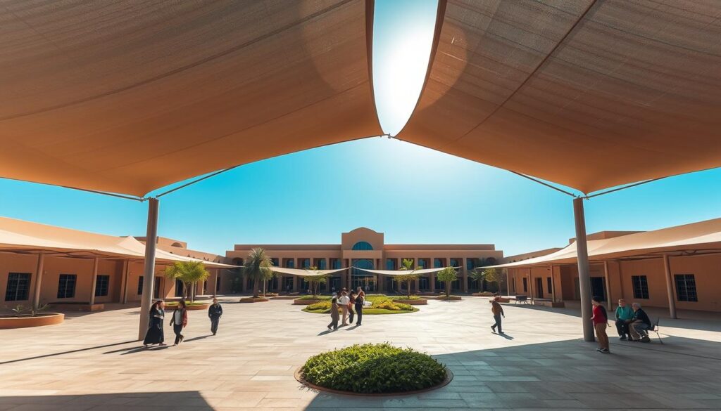 A shaded courtyard in a Saudi Arabian school, sun-dappled concrete surrounded by sweeping tensile canopies. Graceful arches of steel and canvas provide respite from the desert sun, their delicate shadows dancing across the pavement. In the foreground, a group of students gather, their laughter and chatter filling the tranquil space. The middle ground features carefully curated landscaping, lush greenery interspersed with benches and seating areas. In the background, the distinctive architecture of the school building rises up, its modern lines and earthy tones in harmony with the shaded oasis. Warm, diffused lighting suffuses the scene, creating a sense of comfort and safety. The overall atmosphere is one of refuge and community, highlighting the vital role of shade structures in Saudi Arabian educational institutions.