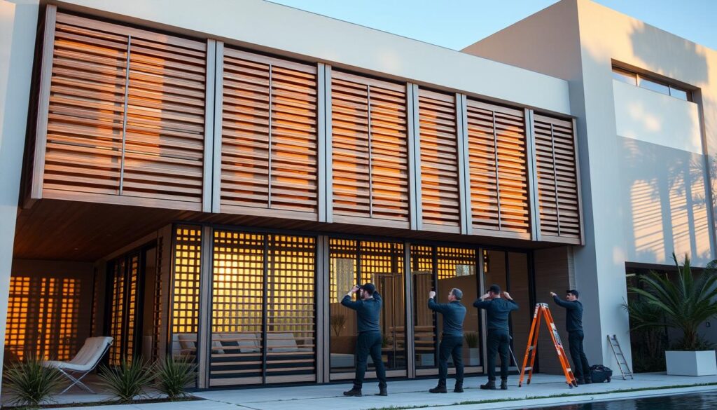 A sleek, modern installation of interlocking privacy screens, seamlessly integrated into the architectural design of a luxurious villa. The slatted wooden panels stretch across the façade, casting delicate shadows and filtering the warm, golden sunlight. The screens are precisely aligned, creating a harmonious, symmetrical pattern that exudes a sense of sophistication and exclusivity. In the foreground, a team of skilled technicians carefully assemble the modular components, their movements choreographed with meticulous precision. The overall scene conveys a balance of functionality and aesthetic appeal, showcasing the craftsmanship and attention to detail that goes into the installation of these high-end privacy solutions.