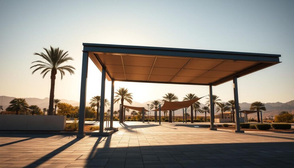 A sleek, modern metal carport structure stands prominently in the foreground, its clean lines and bold silhouette casting dramatic shadows on the ground. The middle ground features several tensile shade structures, their fabric canopies gently billowing in a light breeze. The background showcases the lush, sun-dappled landscape of Saudi Arabia, with towering palm trees and a warm, golden glow from the setting sun. The lighting is realistic, with sharp shadows and highlights that accentuate the architectural details and the interplay of the structures with their environment. The overall mood is one of elegant, functional design seamlessly integrated into a picturesque setting.