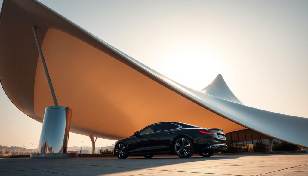 A sleek, modern tensile shade structure rises majestically against a sun-drenched Saudi Arabian sky. Elegant curved lines and sharp geometric forms create an alluring, contemporary design, casting dynamic shadows that dance across the ground. Reflective metal panels gleam in the warm light, complemented by the soft, billowing fabric canopy overhead. In the foreground, a luxury sedan nestles beneath the shade, its glossy paint reflecting the structure's bold silhouette. The scene exudes an air of refined sophistication, a harmonious blend of cutting-edge architecture and the latest in automotive design, perfectly capturing the essence of "مظلات فلل الدمام 2026".