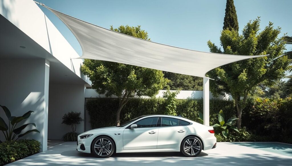 A sophisticated, minimalist villa surrounded by lush greenery. A sleek, modern tensile shade structure elegantly arches over a pristine white car, casting dynamic shadows and gentle dappled light across the scene. The shade's fabric billows subtly in a soft breeze, creating an aura of tranquility. The car's gleaming surfaces reflect the verdant foliage, while the overall palette of whites, grays, and muted greens conveys a sense of elegant simplicity. The composition is balanced and harmonious, drawing the viewer's eye to appreciate the interplay of form, light, and materiality.