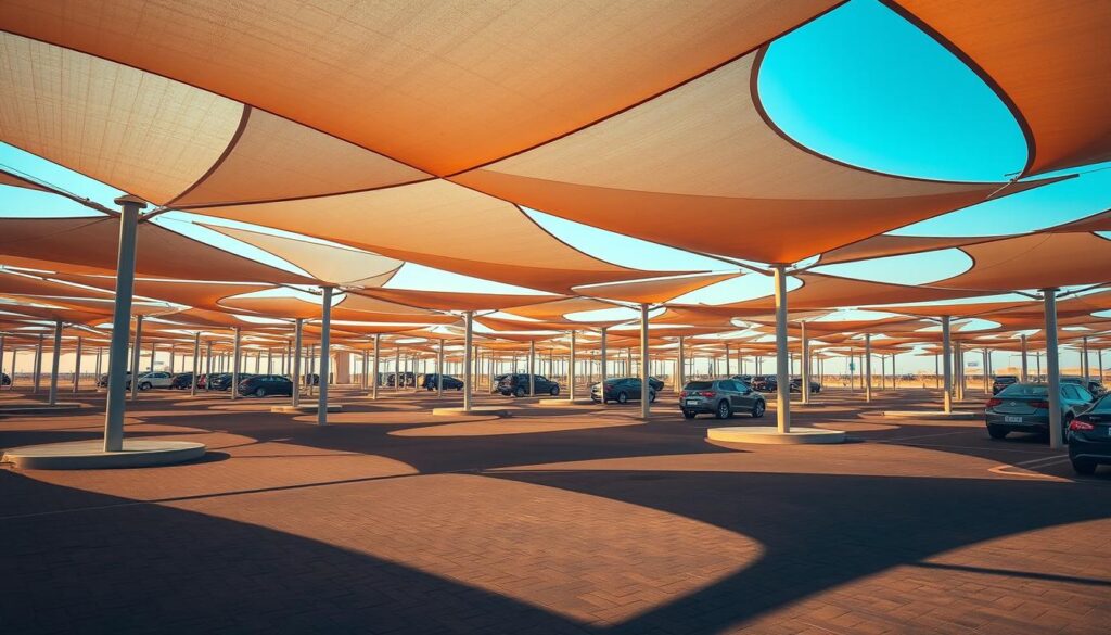 A sprawling array of car parking shades, their tensile fabric canopies stretched taut against the Saudi Arabian sun. Slender columns support the structures, casting intricate shadows across the paved surfaces below. The shades are engineered to provide ample coverage, with clean lines and a modern, minimalist aesthetic. Warm, directional lighting illuminates the scene, accentuating the depth and dimensionality of the architectural elements. The overall impression is one of functional elegance, designed to shield vehicles and their occupants from the region's intense solar radiation.