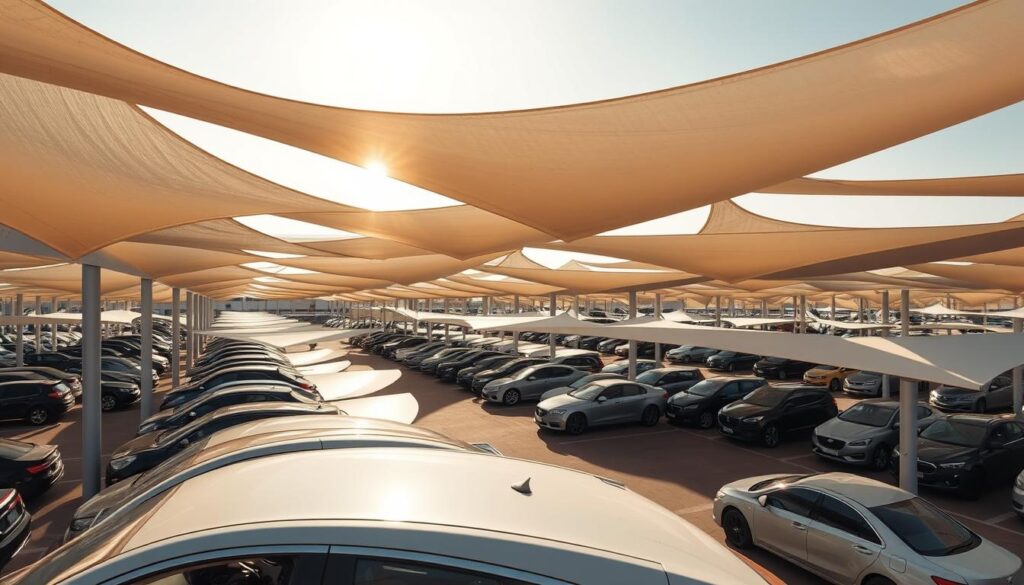 A sprawling car park in Dammam, Saudi Arabia, adorned with sleek tensile shade structures that stretch across the lot, casting intricate patterns of light and shadow. The structures are designed to provide ample protection from the relentless sun, their curved forms mimicking the natural flow of the wind. The cars beneath are bathed in a warm, golden glow, their reflections dancing across the smooth surfaces of the shades. The scene exudes a sense of modern sophistication and functional elegance, a testament to the innovative design solutions tailored for the unique climate of the region.