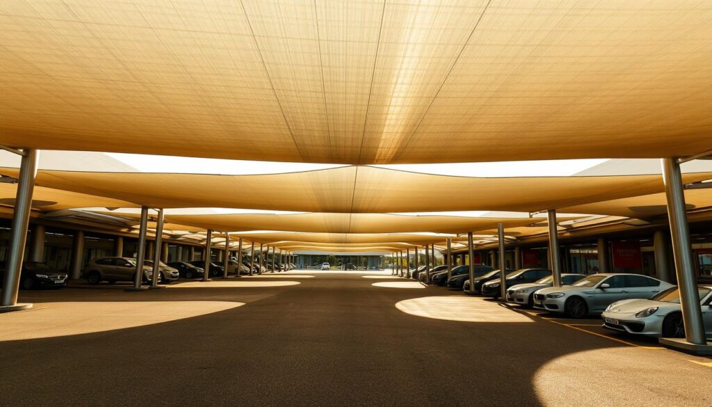 A sprawling car park shaded by a tensile canopy structure, its graceful curves and taut fabric casting dramatic shadows across the asphalt. Sunlight filters through the translucent membrane, creating a warm, inviting ambiance. The structure's sleek, modern design complements the surrounding architecture, seamlessly integrating form and function. Elegant support columns anchor the canopy, their clean lines and metallic finish adding an industrial yet refined aesthetic. Subtle highlights and reflections on the fabric's surface lend a sense of depth and dimensionality to the scene. This is a sophisticated and practical shade solution, elevating the entrance experience with its striking visual appeal.