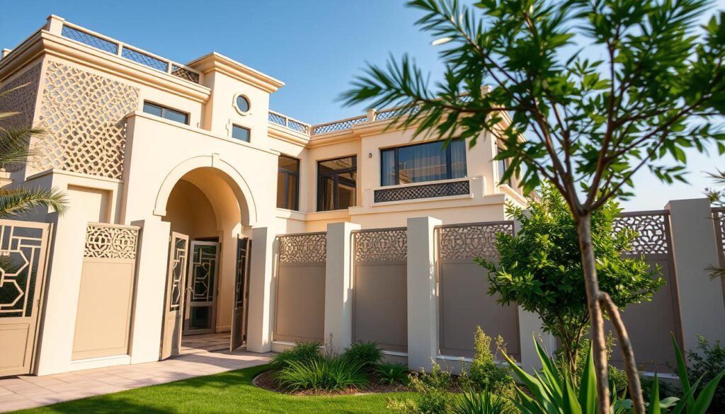 A sprawling villa nestled in the heart of Dammam, its exterior adorned with intricate, custom-designed privacy screens and fences. Sleek aluminum panels in a muted, earthy palette harmonize with the building's architecture, casting soft, diffused shadows that dance across the facade. Graceful arches and clean, geometric forms create a sense of sophistication and elegant protection. In the foreground, lush greenery and landscaping soften the boundaries, while the background reveals a tranquil, sun-dappled scene - a picturesque oasis of privacy and security. Subtle lighting accentuates the screens' refined textures, conveying a mood of refined luxury and thoughtful, high-quality craftsmanship.
