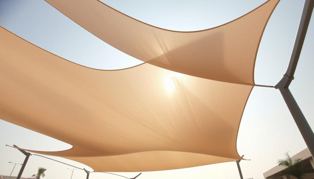 A sun-dappled open-air car shade, its tensile fabric canopy billowing gracefully overhead. Durable yet lightweight materials like polyester or acrylic, meticulously engineered to provide ample shelter from the Saudi Arabian sun. Sleek, minimalist structural elements in muted tones seamlessly blending with the surroundings. Soft, natural illumination filters through the fabric, casting intricate shadow patterns on the ground below. The overall scene conveys a sense of modern sophistication and environmental harmony.