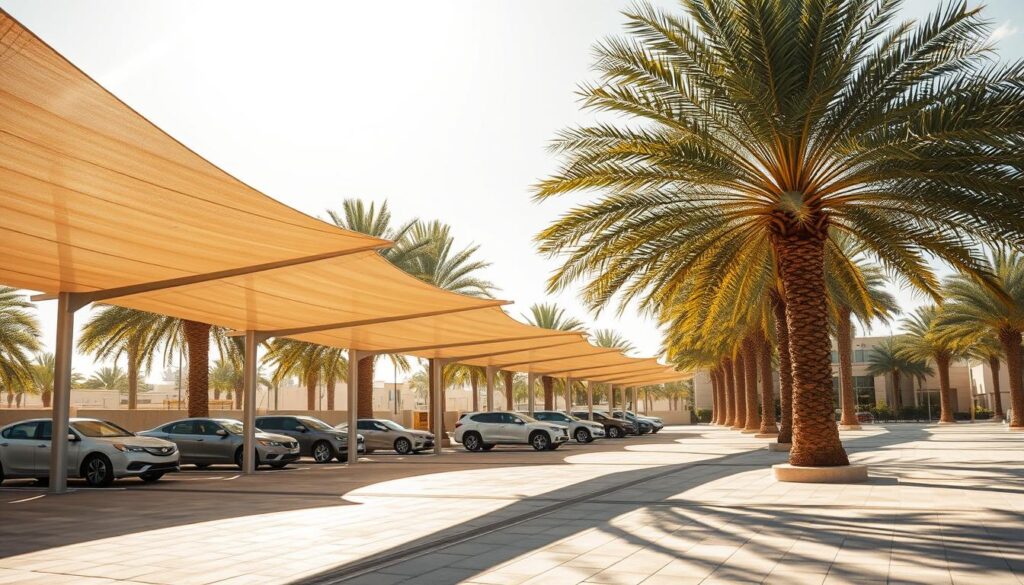 A sun-dappled outdoor scene in Jubail, Saudi Arabia. In the foreground, a row of sleek, modern car parking shades stand tall, their tensile fabric canopies casting intricate patterns of light and shadow across the ground. The middle ground features neatly arranged vehicles, their silhouettes softly illuminated. In the background, lush palm trees sway gently, their fronds filtering the warm, golden sunlight. The entire composition conveys a sense of tranquility and functional elegance, showcasing the innovative design and practical utility of these car parking structures.