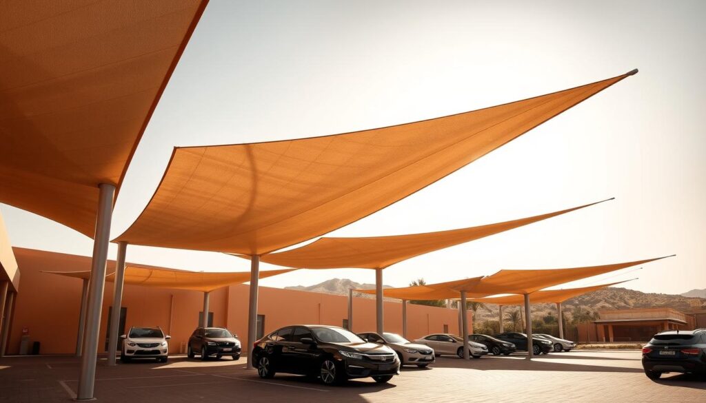 A sun-dappled outdoor scene showcasing modern, sleek car parking shades in the Saudi Arabian landscape. Towering, tensile canopies cast dramatic shadows, providing respite from the intense desert sun. Elegant, curved silhouettes seamlessly blend form and function, complementing the warm, ochre tones of the architecture and terrain. Soft, diffused lighting illuminates the intricate fabric textures, creating a serene, inviting ambiance. The shades stand as architectural statements, underscoring their importance in the region's climate and lifestyle. A harmonious composition highlighting the beauty and practicality of these essential structures.