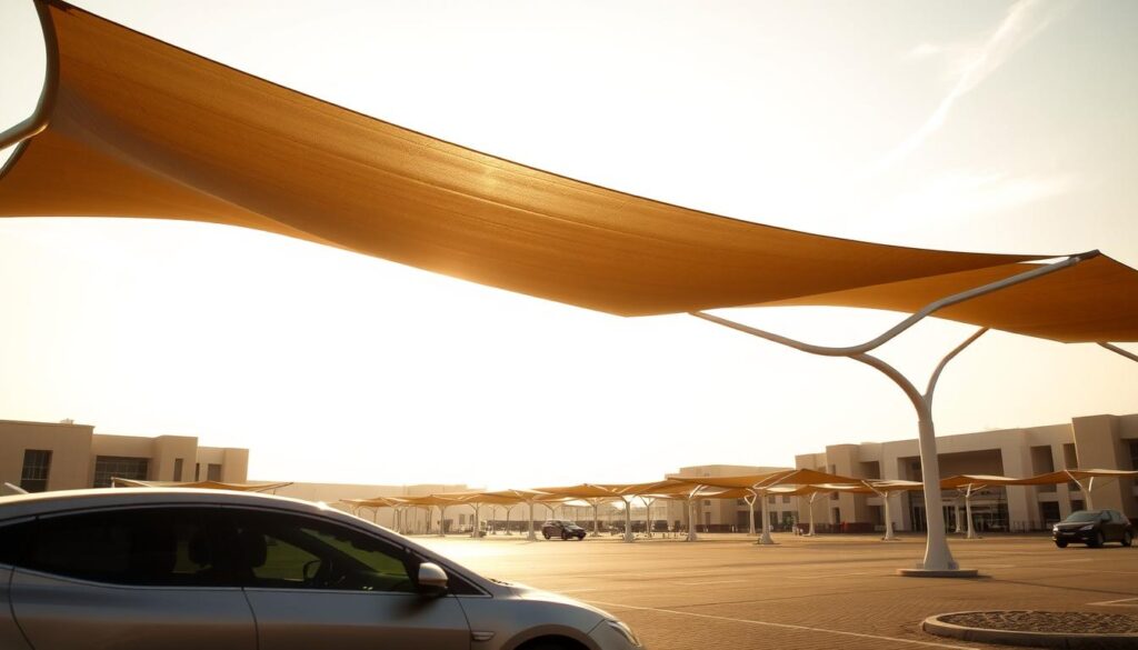 A sun-dappled parking lot in Alkhobar, Saudi Arabia. In the foreground, a sleek modern car is shaded by a tensile canopy structure with elegant curved supports and a translucent fabric roof. The canopy casts warm, soft shadows across the car's surface. In the middle ground, additional car shade structures stand in orderly rows, their geometric forms complementing the angular architecture of the surrounding buildings. The background is filled with a hazy, atmospheric sky, with rays of sunlight filtering through wispy clouds. The overall scene conveys a sense of sophisticated design and environmental harmony, highlighting the premium shading solutions offered by Riyada Al Sharqiyah Company.