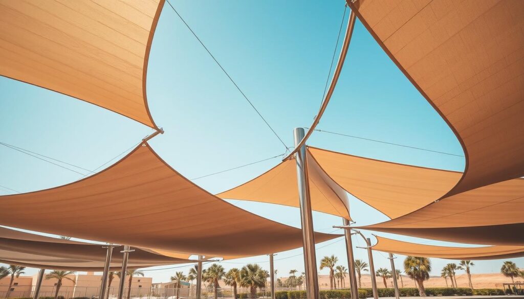 A sun-dappled scene of modern tensile shade structures in the Eastern Province of Saudi Arabia. Sleek, curved canopies in shades of gray and beige provide shelter from the warm desert sun, their taut fabric panels casting dynamic shadows on the ground below. Elegant steel supports and cable systems hold the shades aloft, creating a visually striking interplay of lines and curves. The scene is bathed in a warm, natural light that accentuates the structural details and the vibrant colors of the surrounding environment, conveying a sense of functional yet aesthetically-pleasing design.