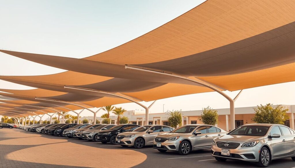 A sunny, modern car shade structure in the heart of Qatif, Saudi Arabia. Elegant tensile fabric panels in shades of gray and beige form a graceful canopy, casting gentle shadows across the neatly parked vehicles below. Warm, directional lighting highlights the clean lines and curves of the contemporary design, creating a welcoming and functional oasis of shade. The materials and construction techniques are thoughtfully selected to withstand the region's climate, ensuring long-lasting performance and aesthetic appeal. This serene scene showcases the ideal balance of form and function in a premium car shade solution.