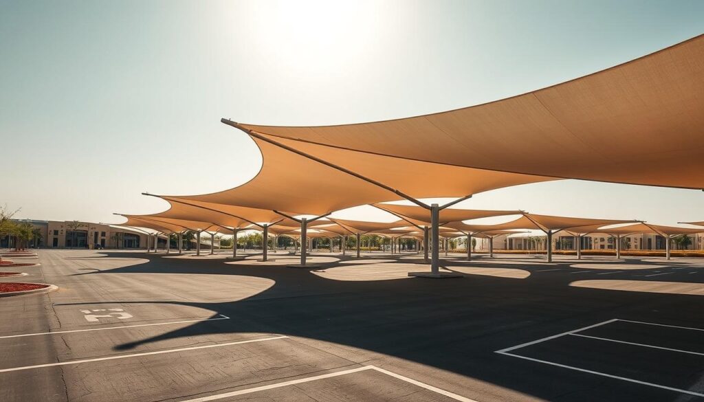 A sweeping vista of contemporary shade structures in the Eastern Province of Saudi Arabia. Sleek, futuristic tensile canopies stretch across open-air parking lots, casting dynamic shadows that dance across the ground. The structures are composed of elegant metal frames supporting high-tensile fabric membranes, allowing natural light to filter through while providing ample shade. The scene is illuminated by realistic warm lighting, casting a golden glow and creating a sense of depth and atmosphere. The shades are purposefully designed to be functional yet visually striking, serving as both practical shade solutions and architectural statements.