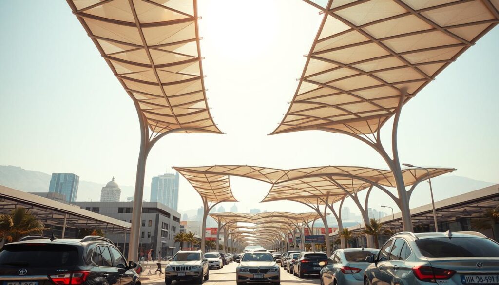 A vibrant and architecturally striking metal canopy system set against the backdrop of a Saudi Arabian cityscape. The canopy structures, with their sleek, geometric designs, cast intricate patterns of light and shadow across the bustling streets below. The shimmering metallic surfaces reflect the warm sunlight, creating a sense of elegance and modernity. In the foreground, parked cars and pedestrians move through the scene, emphasizing the practical purpose of these functional yet aesthetic structures. The overall composition conveys the importance of these canopies in providing shade, shelter, and enhancing the urban landscape of the region.