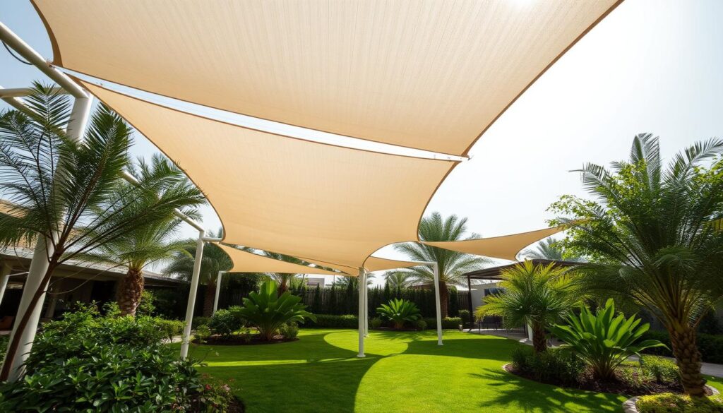 A well-designed garden oasis in Dammam, Saudi Arabia, featuring a stunning array of tensile shade structures. The sun-dappled canopy casts soft, diffused light across the lush greenery below, creating a serene and inviting atmosphere. The structures are crafted from high-quality materials, such as weather-resistant fabrics and sleek, powder-coated aluminum frames, blending seamlessly with the natural landscape. Shadows play across the ground, adding depth and dimension to the scene. The overall effect is one of harmony, where nature and modern design come together to provide both functional shade and an aesthetically pleasing focal point for the outdoor space.