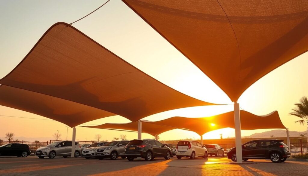 A well-designed tensile car shade structure set against a warm, golden-hour landscape in Dammam, Saudi Arabia. Graceful, curved fabric canopies cast intricate shadows across the parked vehicles below, creating a harmonious blend of modern architecture and natural ambiance. Warm, diffused lighting illuminates the scene, highlighting the premium, wood-accented design details. The structure's clean lines and minimalist aesthetic seamlessly integrate with the surrounding environment, offering both functional shade and aesthetic appeal.