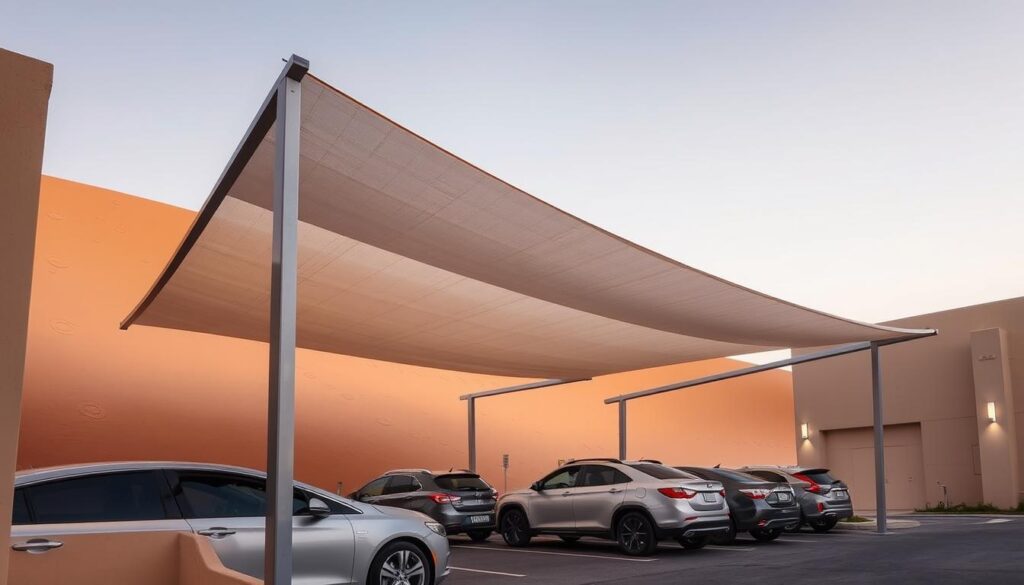 An airy, contemporary car canopy nestled against a warm, sandy landscape. Sleek metal framing supports a billowing tensile shade, casting gentle shadows across the parked vehicles below. The design seamlessly integrates with the surrounding architecture, creating a harmonious outdoor space shielded from the intense Arabian sun. Soft ambient lighting highlights the interplay of light and shadow, while subtle details such as perforated panels and integrated lighting fixtures elevate the structure's aesthetic appeal. This sophisticated car shade solution embodies the perfect balance of form and function, catering to the unique climate and lifestyle needs of the Saudi Arabian context.