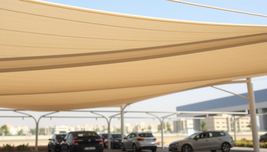 An architectural canopy structure in the foreground, showcasing the intricate design and engineering of a tension-based shade system. The canopy casts dramatic shadows on the ground below, highlighting its robust construction and ability to provide effective protection from the Saudi Arabian sun. In the middle ground, several parked cars are visible, their silhouettes complementing the angular geometry of the canopy. The background features a softly blurred urban landscape, hinting at the commercial setting of this car park shade solution. The overall scene conveys a sense of modern functionality and robust engineering, tailored to the harsh environmental conditions of the region.