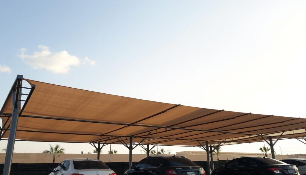 An architectural tensile shade structure with clean, modern lines and intricate steel framework, cast in warm sunlight against a cloudless sky. The shade canopy is made of high-quality, durable fabric that casts soft, diffused shadows on the ground below, creating a comfortable, shaded space for parked cars. The structure's sleek, contemporary design seamlessly blends form and function, offering both aesthetic appeal and practical sun protection for vehicles in the Khobbar region of Saudi Arabia.