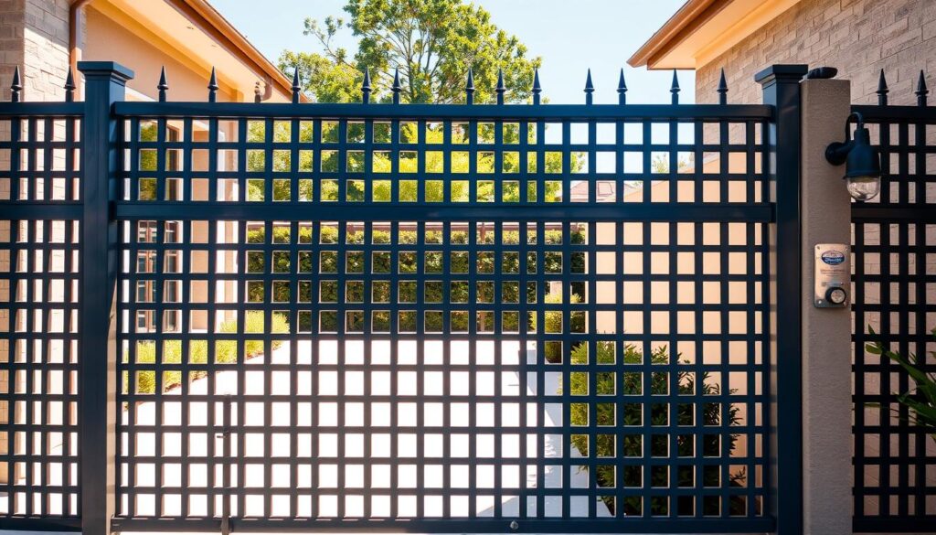 An elegant and sturdy iron fence, its intricate lattice design casting dynamic shadows across a sun-drenched courtyard. Sleek metal posts rise gracefully, supporting horizontal beams that seamlessly blend form and function. The fence's robust construction exudes a sense of security, while its modern aesthetic elevates the property's architectural charm. Warm lighting accentuates the fence's metallic luster, creating a welcoming and sophisticated ambiance. In the distance, lush greenery frames the scene, offering a natural contrast to the industrial elegance of the privacy screen.
