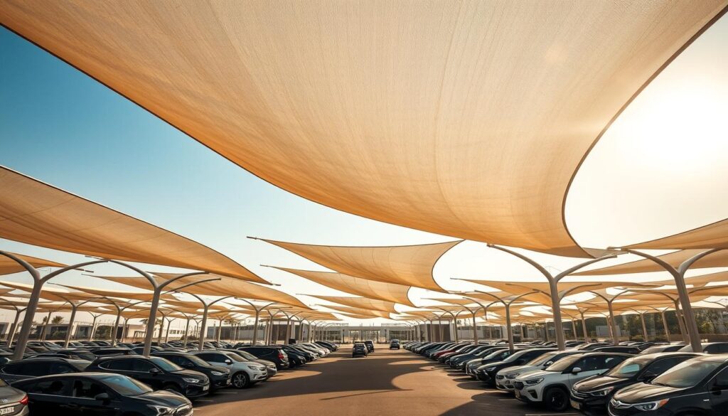 An expansive parking lot in Khobar, Saudi Arabia, with several modern car shade structures providing a dynamic, sun-dappled ambiance. The tensile fabric canopies elegantly curve overhead, casting intricate patterns of light and shadow across the neatly organized rows of vehicles. The scene exudes a sense of functional sophistication, where form and function harmoniously converge to offer both practical coverage and an aesthetic appeal. Warm, diffused sunlight filters through the translucent material, creating a harmonious interplay of illumination and shade that evokes a serene, contemplative atmosphere. The overall composition showcases the seamless integration of innovative shade solutions within the urban landscape.
