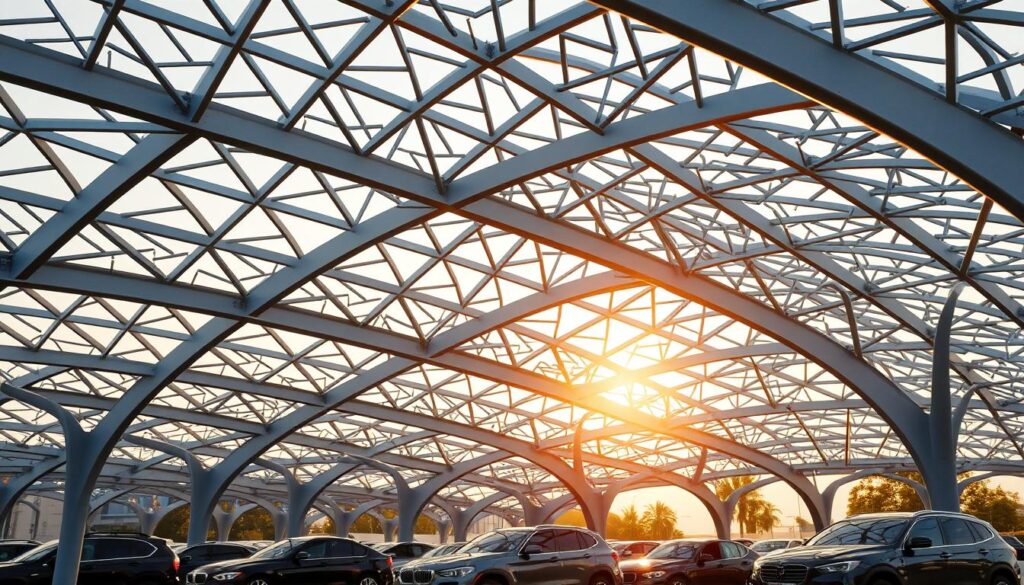 An intricate steel canopy casts a gentle shadow over a sleek array of vehicles. Elegant curving arches support a lattice of metal beams, their intersections creating a mesmerizing geometric pattern. Warm afternoon sunlight filters through the openings, casting soft highlights and shadows that accentuate the structure's sculptural form. The car silhouettes below seem to nestle comfortably within this sophisticated architectural marvel, showcasing the harmonious blend of function and aesthetic design. Precise engineering and meticulous craftsmanship are evident in every detail, from the seamless joints to the refined finish of the steel components. This is a testament to the innovative capabilities of modern car canopy manufacturing in Saudi Arabia.