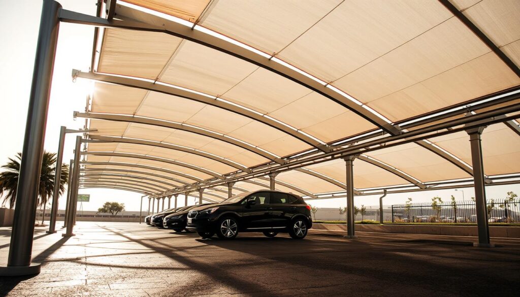 An intricately designed metallic carport, its sleek frames and tensile canopy casting dramatic shadows across the ground. The structure stands tall, its engineering precision and sturdy construction evident in every angle. Sunlight filters through the translucent fabric, creating a soft, diffused illumination that enhances the sophisticated, modern aesthetic. The scene exudes a sense of solidity and elegance, perfectly capturing the essence of high-quality, engineered shade solutions for the Saudi Arabian climate.