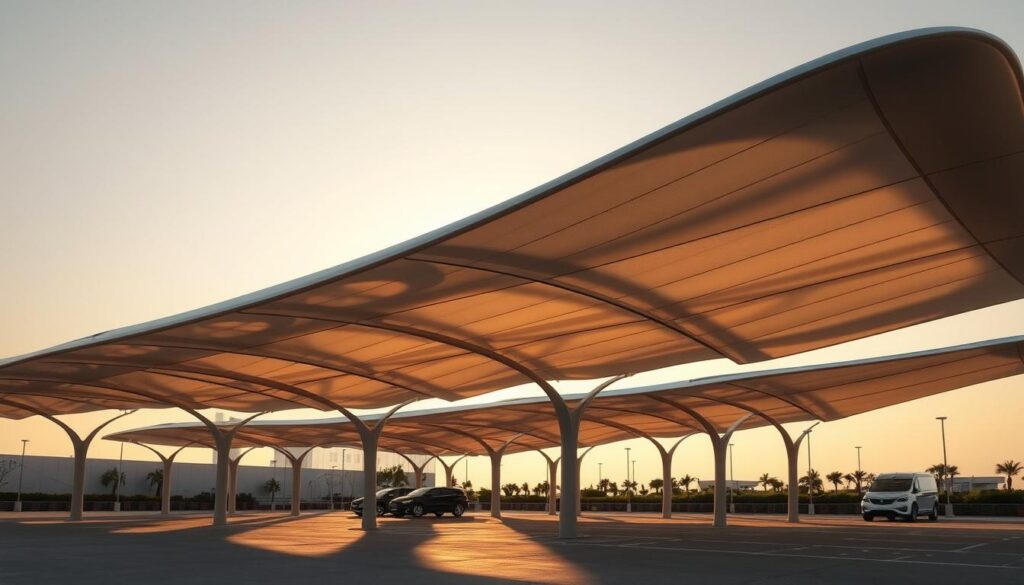 An ultra-modern tensile car shade structure in Khobr, Saudi Arabia, with a sleek, minimalist design. The canopy is made of high-tech, lightweight materials, casting intricate patterns of light and shadow on the ground below. Elegant curved supports seamlessly integrate with the elegant, aerodynamic shape, hinting at advanced engineering. The scene is bathed in warm, golden light, creating a luxurious, futuristic ambiance. The shades are arranged in a harmonious, symmetrical layout, highlighting their cutting-edge aesthetic. Every detail, from the smooth lines to the precise fabrication, suggests a state-of-the-art, innovative approach to vehicle shading solutions.